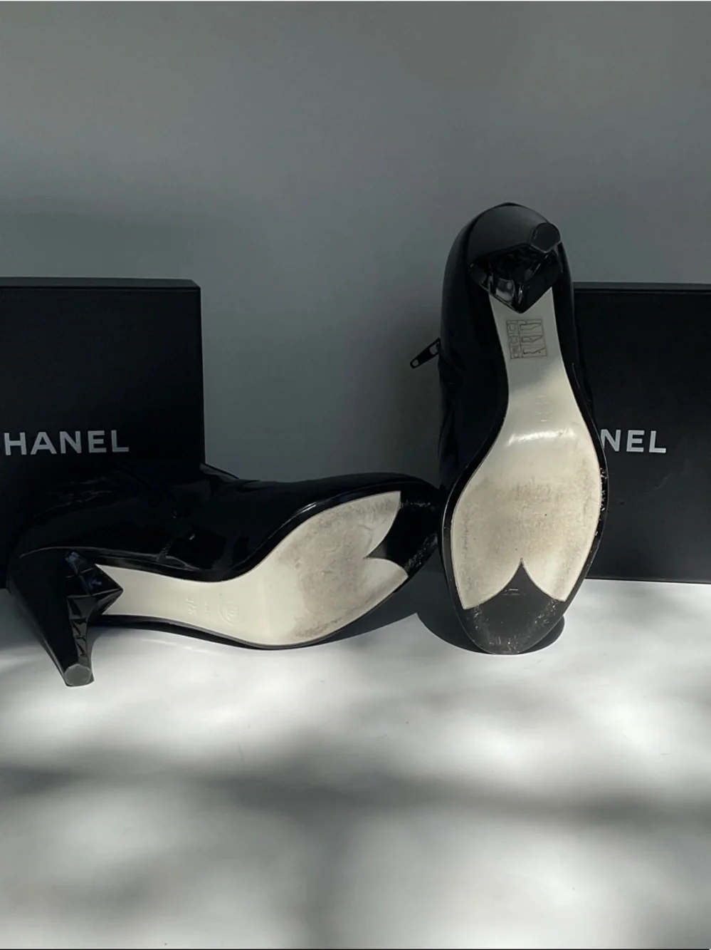 CHANEL Black Patent Leather Ankle Boots with Multicolor Tweed Shaft